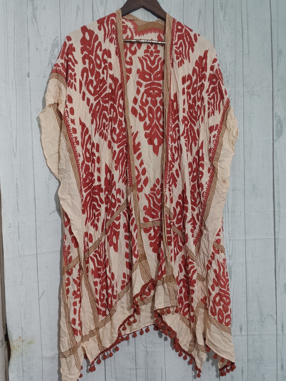Boho Cream & Red Printed Open-Front Kimono Tunic Sz One Size